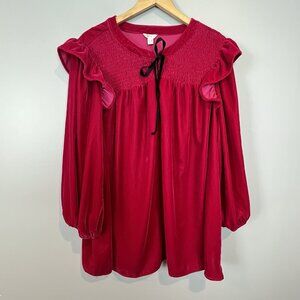 CATO Velvet Top Womens 26/28W Dark Pink Ruffle Trim Smocked Pullover Tie Neck